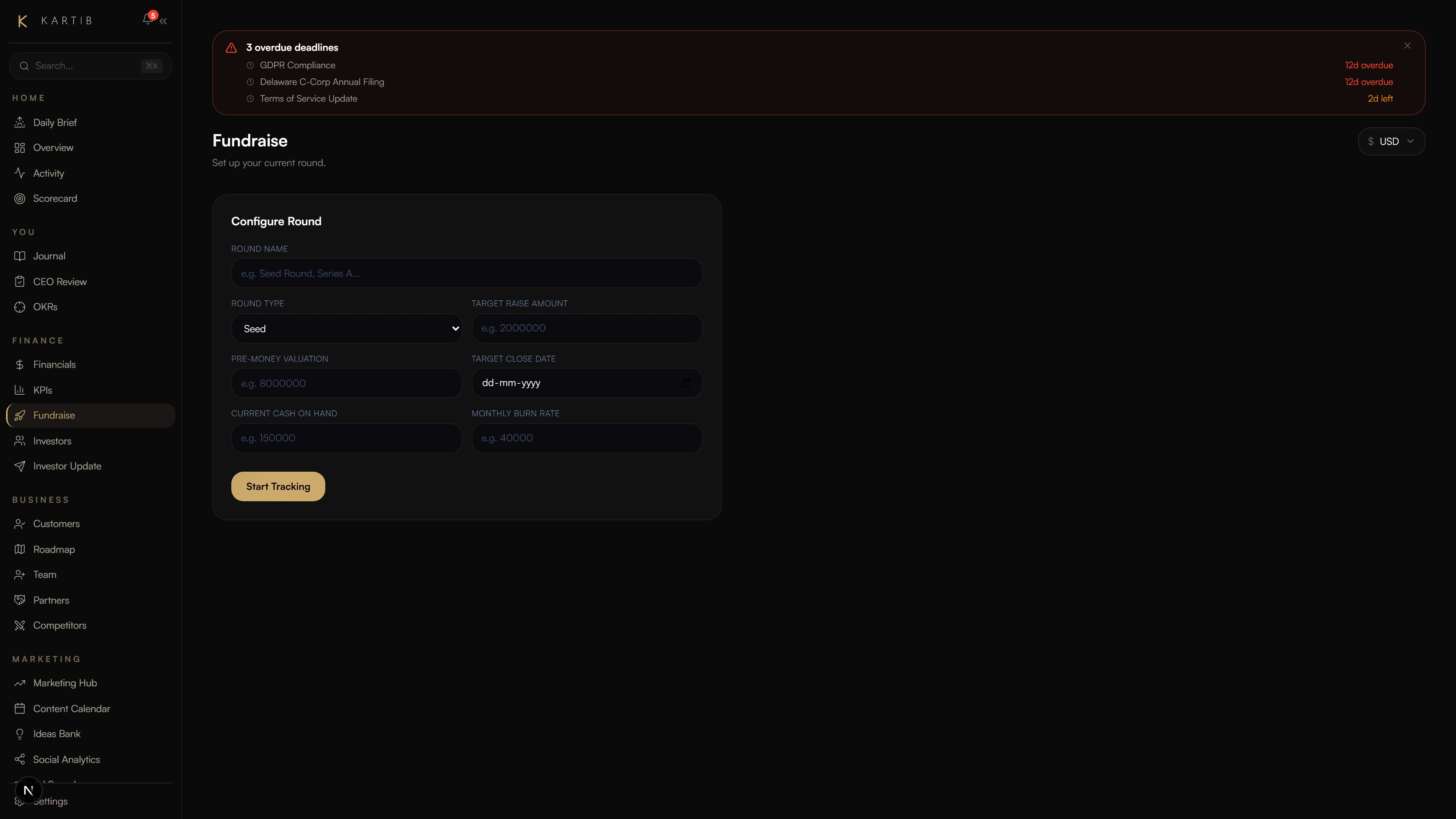 Kartib fundraise page showing round configuration, commitments, and use of funds